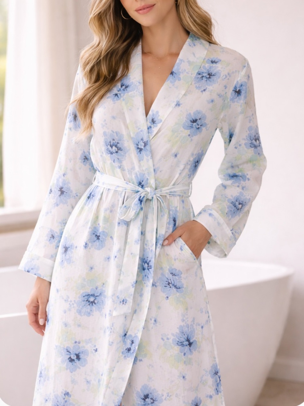 Bonsoir Robe Womens XS Petite Blue Floral Cotton Housecoat England Neiman Marcus